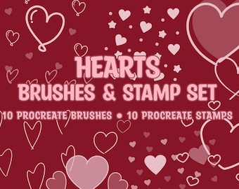Set de pinceles y sellos de corazones para Procreate. Materiales de ilustración y herramientas de dibujo digital.