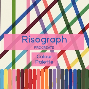 Pode incluir: Uma obra de arte digital colorida com linhas que se cruzam em várias cores, incluindo vermelho, azul, verde e amarelo. O texto "Risograph PROCREATE Colour Palette" é exibido em um fundo rosa, com uma fileira de amostras de cores na parte inferior.