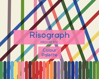 Puede incluir: Una colorida obra de arte digital con líneas que se cruzan en varios colores, incluyendo rojo, azul, verde y amarillo. El texto "Risograph PROCREATE Colour Palette" se muestra sobre un fondo rosa, con una fila de muestras de color en la parte inferior.
