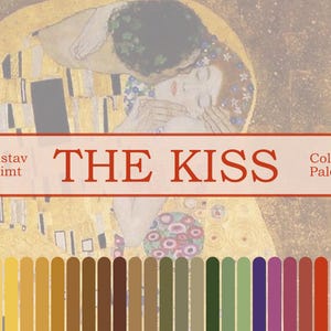 May include: A color palette inspired by Gustav Klimt's painting "The Kiss". The palette features a range of warm, earthy tones, including gold, brown, and green, as well as cool, jewel tones like purple, blue, and red.
