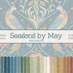 Puede incluir: Paleta de colores de arte digital titulada "Seasons by May" de William Morris. El fondo presenta un patrón repetitivo de pájaros y elementos florales en tonos azules, naranjas y amarillos. Debajo, muestras de color en varios tonos de verde, azul y marrón.