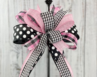 Spring wreath bow, summer wreath bow, bow for wreath, pink and black bow, wreath attachment, wreath embellishment, bow for lantern