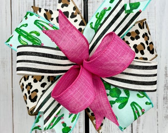Bow for wreath, turquoise cactus bow, leopard print bow, bow for lantern, rustic wreath bow, summer wreath bow, door hanger bow, spring bow
