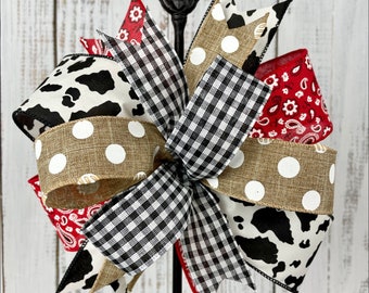 Bow for wreath, red paisley bow, cow print bow, lantern bow, rustic wreath bow, red barn farm bow, door hanger bow, animal print bow