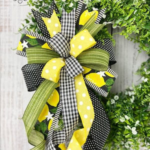 Lemon bow, lemon wreath bow, yellow and black bow, summer wreath bow, summer lantern bow, lemon door hanger bow, summer decor, lemon decor image 1