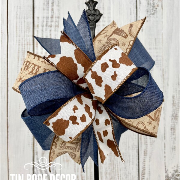 Cow print bow, brown and blue bow, rodeo bow, western decor, bow for wreath, lantern bow, western wreath bow, wreath attachment, country bow