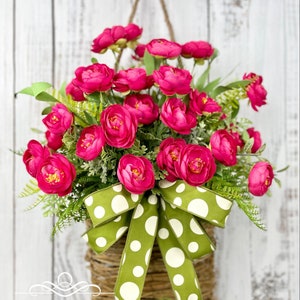 Wall basket, hanging floral arrangement, floral door hanger, summer wreath, wreath for front door, pink floral arrangement, spring wreath