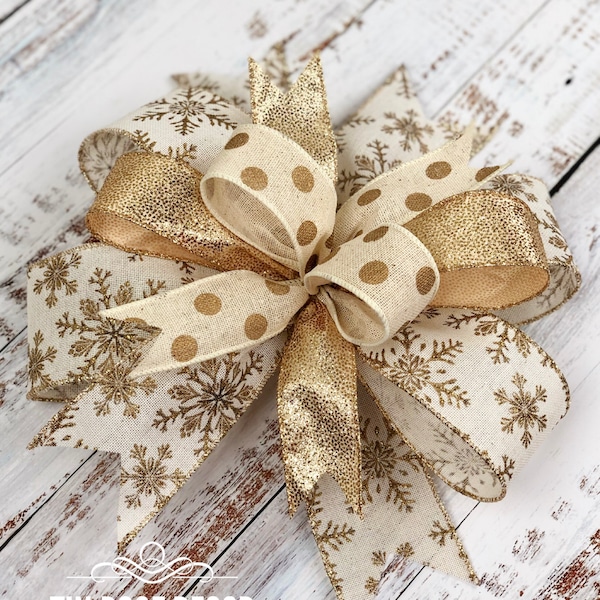 Christmas bow, Christmas wreath bow, gold Christmas bow, gold Christmas decor, cream and gold Christmas decor, Christmas door hanger bow