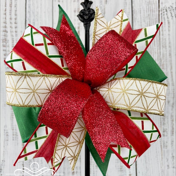 Elegant Christmas bow, red and green Christmas bow, Christmas wreath bow, Christmas lantern bow, tree topper bow, Christmas door hanger bow