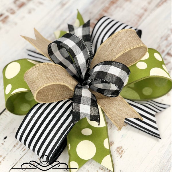 Farmhouse bow, green and black bow, farmhouse wreath bow, wreath embellishment, bows for wreath, door hanger bow, lantern bow, wreath bow