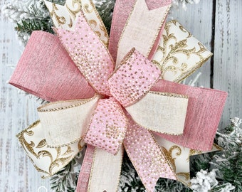 Pink Christmas bow, Christmas wreath bow, lantern bow, Christmas tree topper, winter wreath bow, pink and cream bow, bow for wreath, gold