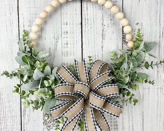 Farmhouse beaded hoop wreath, half wreath, lambs ear eucalyptus wreath, bead wreath, wood bead wreath, year round wreath, farmhouse wedding