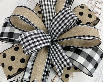 Farmhouse bow, black and tan bow, polka dot bow, summer bow, farmhouse wreath bow, wreath embellishment, door hanger bow, lantern bow