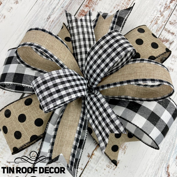 Farmhouse bow, black and tan bow, polka dot bow, summer bow, farmhouse wreath bow, wreath embellishment, door hanger bow, lantern bow