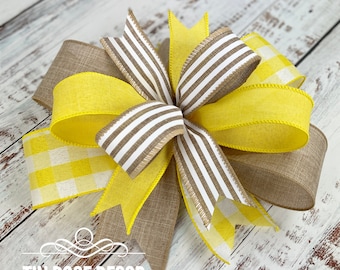 Yellow and beige bow, yellow door hanger bow, lantern bow, wreath bow, spring bow, summer bow, wreath embellishment, wreath attachment