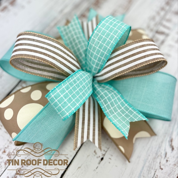 Turquoise wreath bow, bow for wreath, spring wreath bow, summer wreath bow, lantern bow, wreath attachment, nautical wreath bow, beach decor