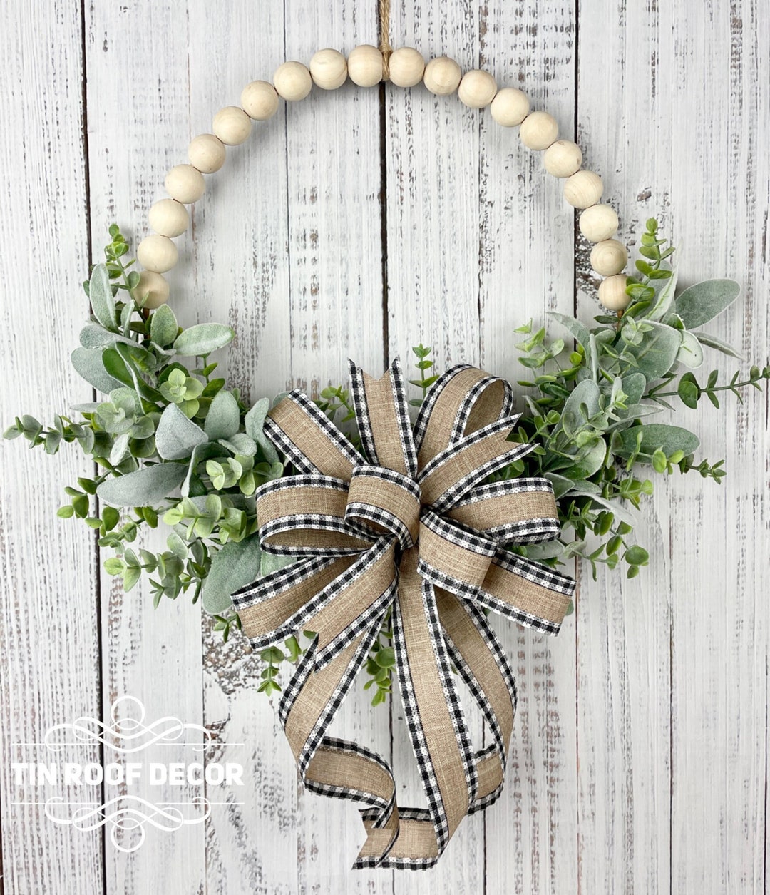 Farmhouse Beaded Hoop Wreath, Half Wreath, Lambs Ear Eucalyptus Wreath