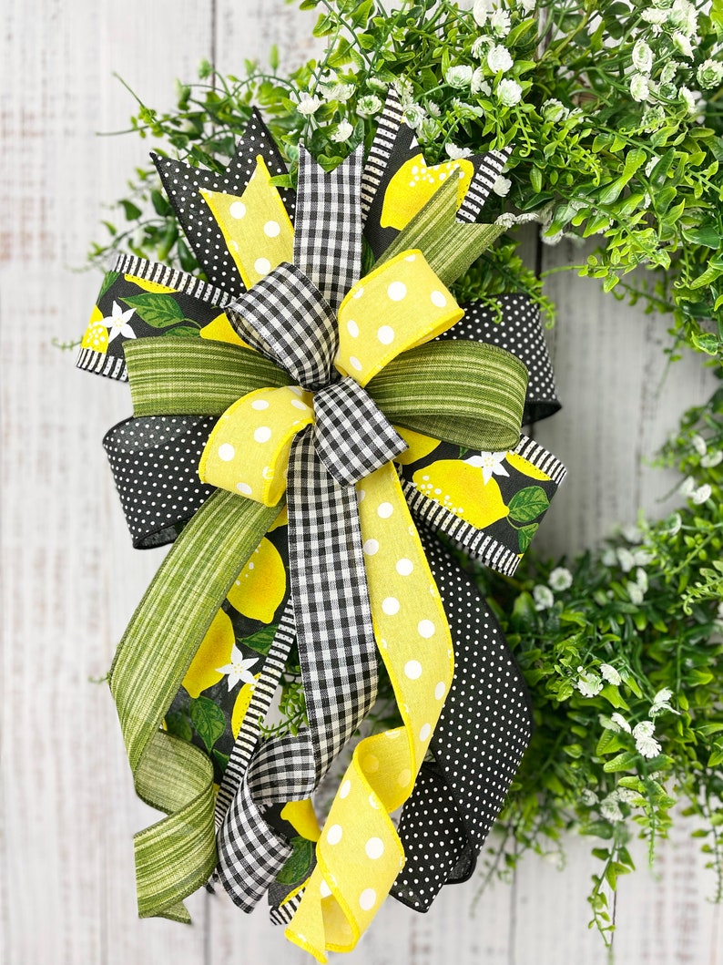 Lemon bow, lemon wreath bow, yellow and black bow, summer wreath bow, summer lantern bow, lemon door hanger bow, summer decor, lemon decor image 8