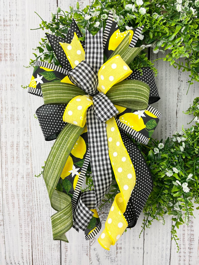 Lemon bow, lemon wreath bow, yellow and black bow, summer wreath bow, summer lantern bow, lemon door hanger bow, summer decor, lemon decor image 10