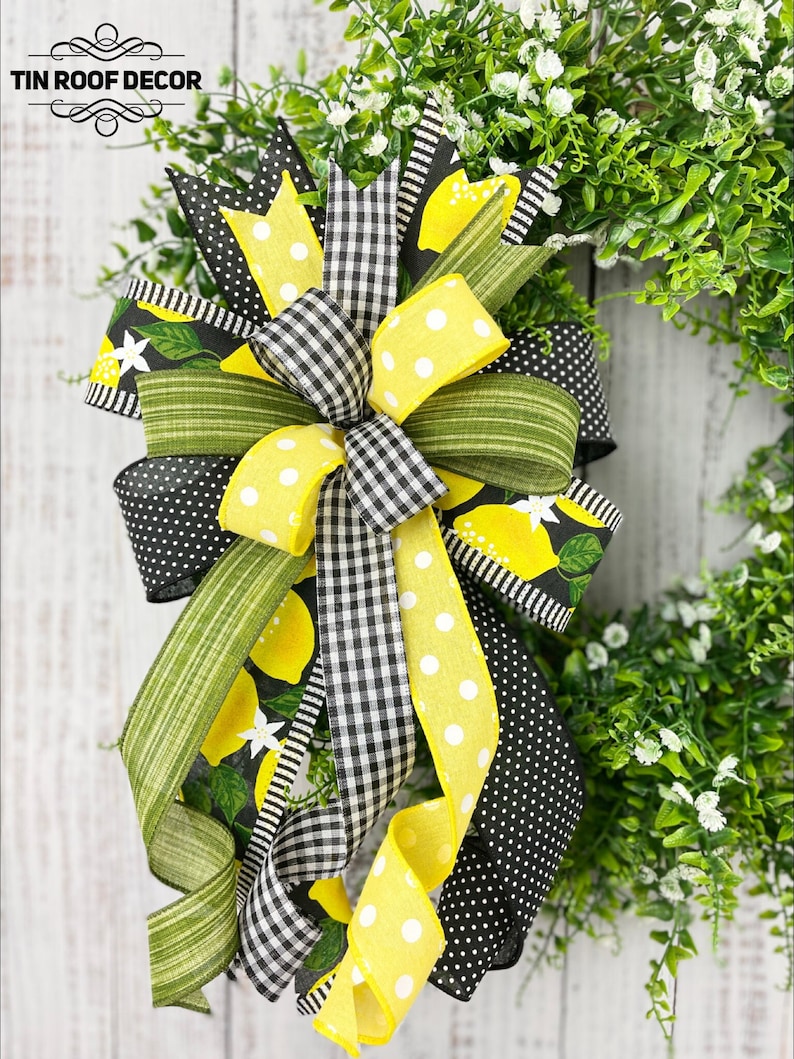 Lemon bow, lemon wreath bow, yellow and black bow, summer wreath bow, summer lantern bow, lemon door hanger bow, summer decor, lemon decor image 1