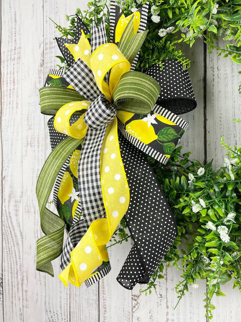 Lemon bow, lemon wreath bow, yellow and black bow, summer wreath bow, summer lantern bow, lemon door hanger bow, summer decor, lemon decor image 3