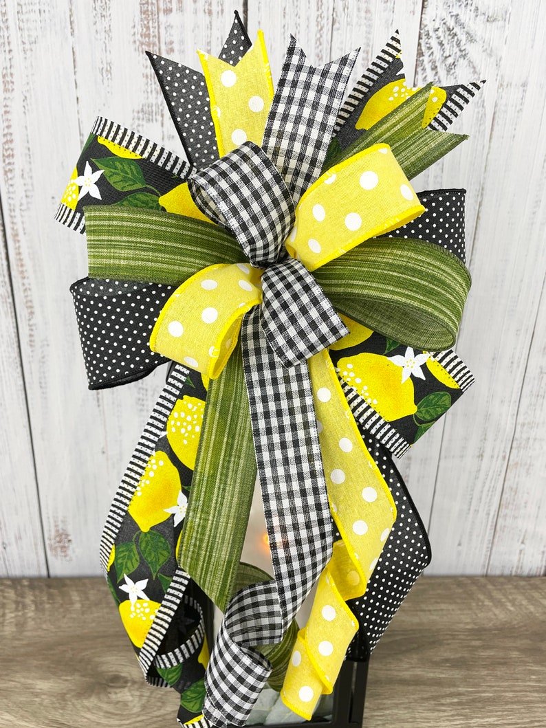 Lemon bow, lemon wreath bow, yellow and black bow, summer wreath bow, summer lantern bow, lemon door hanger bow, summer decor, lemon decor image 5