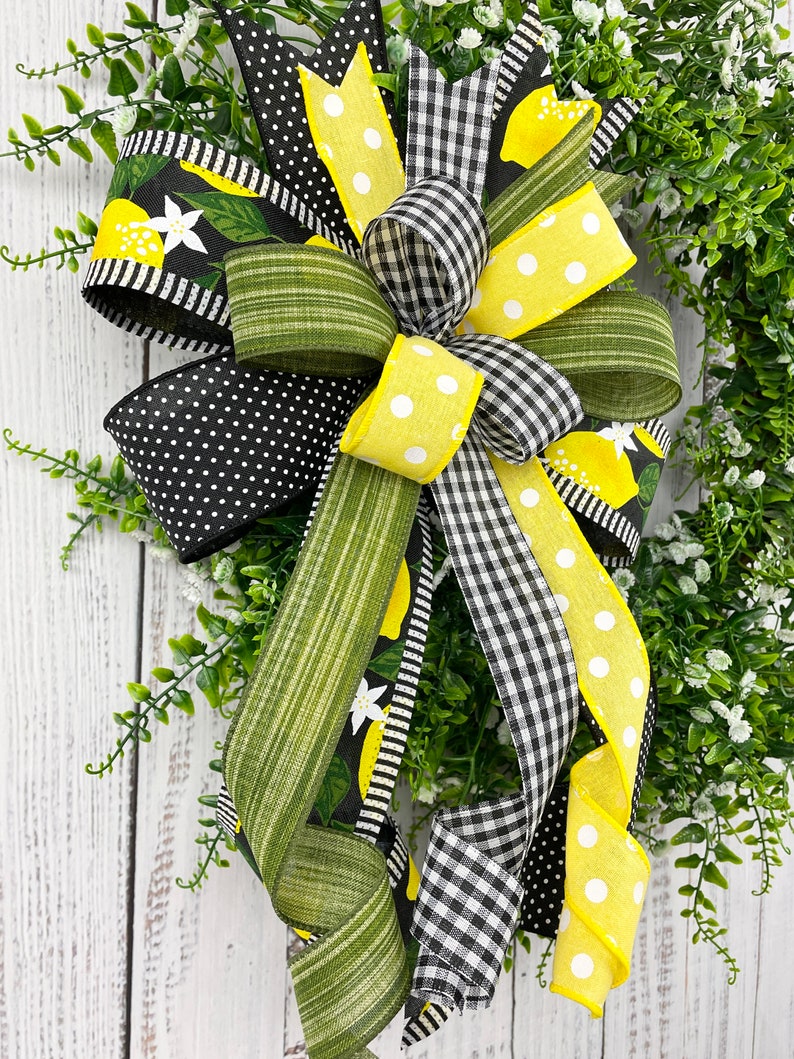 Lemon bow, lemon wreath bow, yellow and black bow, summer wreath bow, summer lantern bow, lemon door hanger bow, summer decor, lemon decor image 2