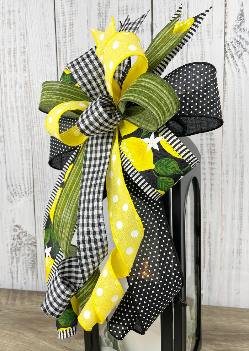 Lemon bow, lemon wreath bow, yellow and black bow, summer wreath bow, summer lantern bow, lemon door hanger bow, summer decor, lemon decor image 6