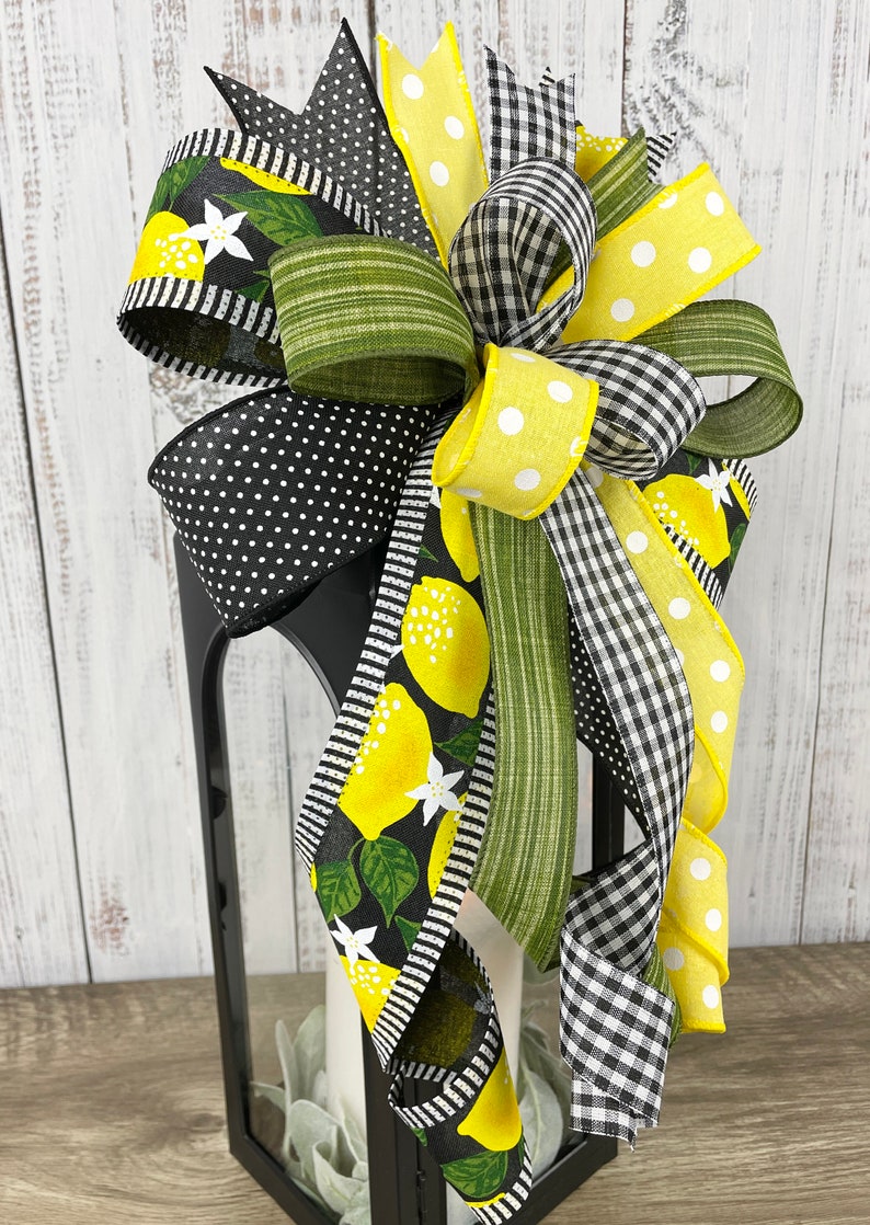 Lemon bow, lemon wreath bow, yellow and black bow, summer wreath bow, summer lantern bow, lemon door hanger bow, summer decor, lemon decor image 7