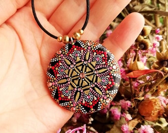 Mandala necklace with hand-painted wooden amulet