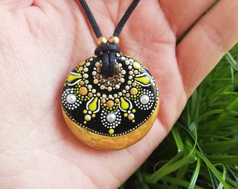 Mandala necklace with hand-painted wooden amulet