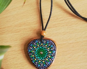 Mandala necklace with hand-painted wooden amulet