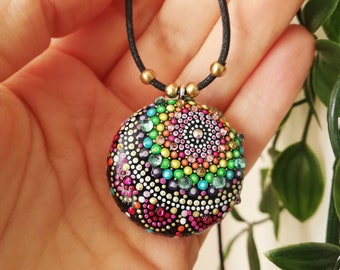 Mandala necklace with hand-painted wooden amulet