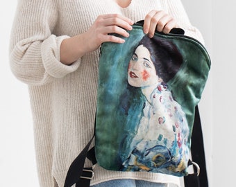 Elegant velvet backpack | Gustav klimt - Portrait of a woman | Boho accessories and gifts