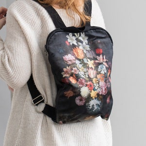 Black velvet backpack | Classical floral style | Ambrossius Bosschaert | Elegant everyday bag