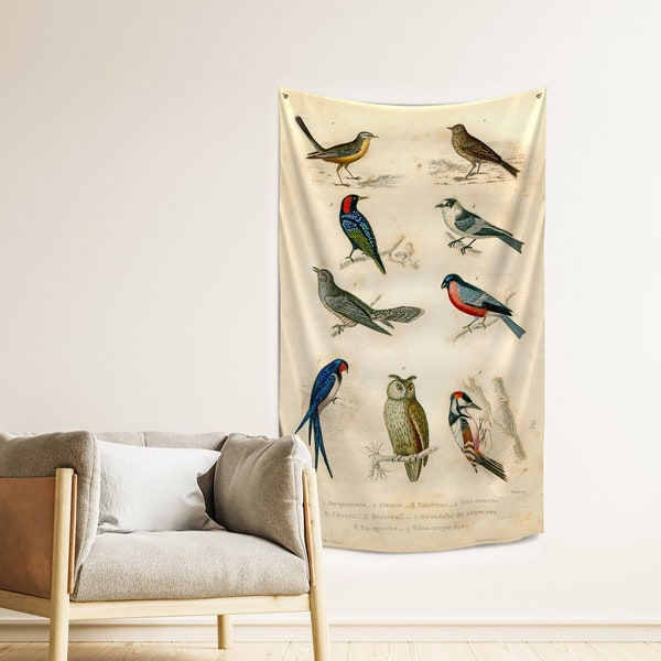 Cottagecore Bird tapestry | encyclopedia cloth poster wall art | Recycled fabric