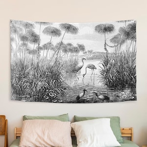 Paesaggio litografico con uccelli, illustrazione da appendere alla parete / Decorazione per la stanza Boho / Tessuto riciclato