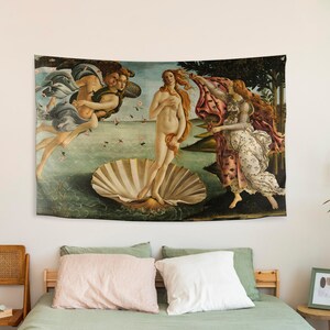 May include: A tapestry depicting the Birth of Venus, a famous Renaissance painting by Sandro Botticelli. The tapestry features a nude woman standing on a giant scallop shell, with two figures in the air above her and a figure on the right side of the image.