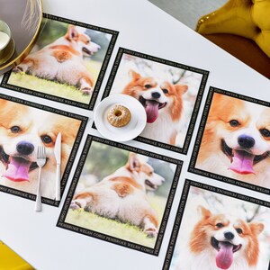 Peut inclure: Six sets de table noirs et dorés avec un fond blanc représentant chacun une image différente d'un Corgi gallois de Pembroke. Les sets de table portent le texte "PEMBROKE WELSH CORGI PEMBROKE WELSH CORGI" répété sur le bord.