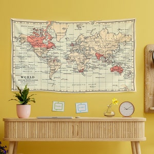 Vintage wereldkaart muurkunst hangend | Cottagecore-decor | Gerecycleerde stof