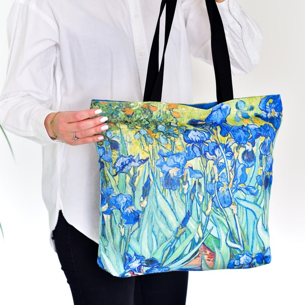 Sac fourre-tout fleuri | Impression Iris Van Gogh | avec fermeture éclair et poche | Cadeaux artistiques uniques de style bohème pour elle