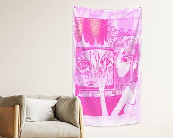 Pink Y2K Girl Tapestry | Maximalist Cyber Art Room Decor (Recycled Fabric)