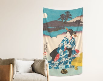 Tapisserie d'art mural japonaise Geisha au bord de la rivière | Décoration wabi-sabi | Japon Art traditionnel | Tissu recyclé