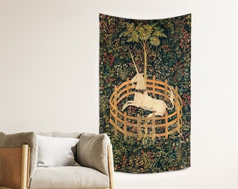 Unicorn Tapestry | Medieval decoration | Maximalist room art decor | The Unicorn Defends Himself | Recycled fabric