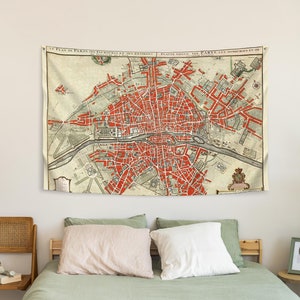 Tapiz para colgar en la pared con mapa antiguo de París (1721) / Atlas topográfico antiguo / Guillaume Delisle / Atlas francés antiguo / Tejido reciclado