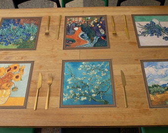 Placemats van stof | Vincent van Gogh placemats set van 6 stuks. | Boho-decor | Zonnebloemen, Amandelbloesem, Irissen | Set vierkante tafellopers