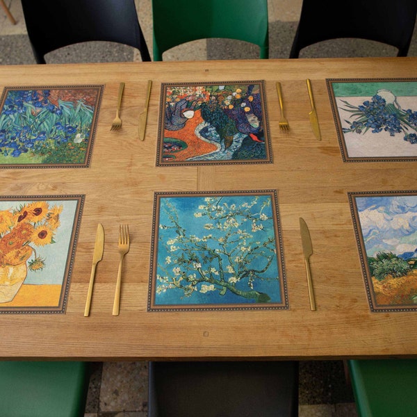 Sets de table en tissu | Sets de table Vincent van Gogh, lot de 6 pièces. | Décor bohème | Tournesols, fleurs d'amandier, iris | Ensemble de chemin de table carré