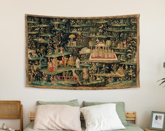 Medieval The Concert from a pair of Indo-Chinese scenes wall tapestry | Maximalist room art decor | Recycled fabric