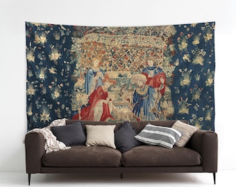 Medieval The Falcon's Bath wall tapestry | Maximalist room art decor | The Unicorn Defends Himself | Recycled fabric
