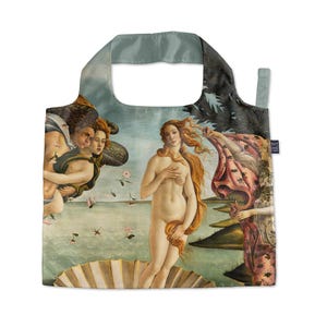 May include: A reusable tote bag featuring a printed reproduction of The Birth of Venus painting. The design displays a central figure standing on a scallop shell, flanked by wind deities on the left and a draped figure on the right, with soft blue, green, and pink tones.